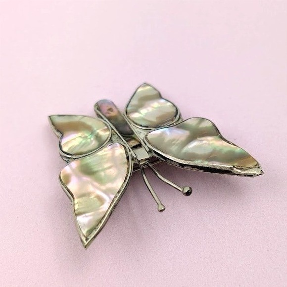 VTG Mexico Butterfly Brooch Iridescent Abalone Silver Tone Whimsy Fairy - Picture 3 of 10